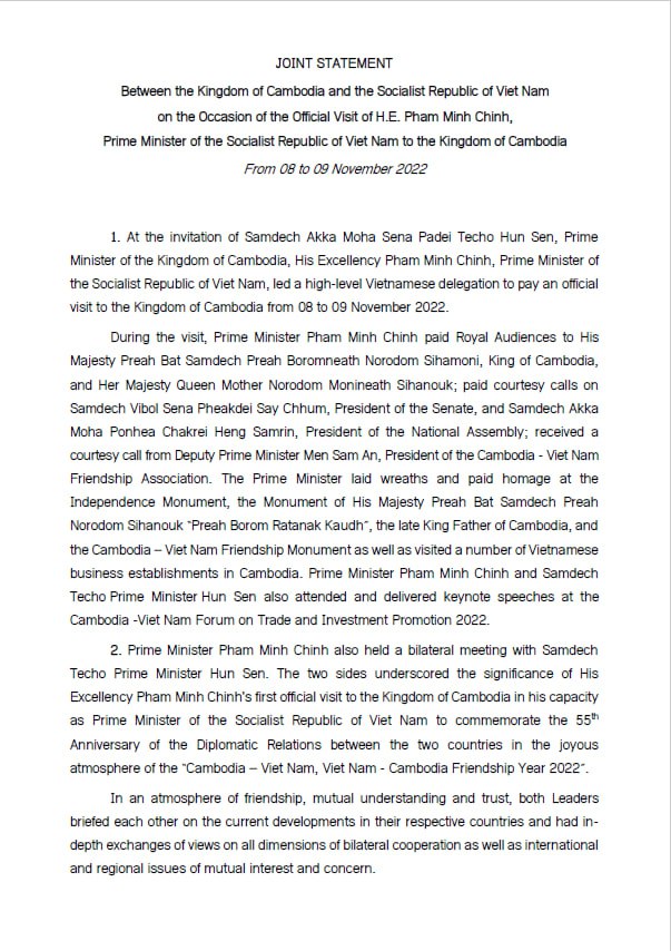 សេចក្តីថ្លែងការណ៍រួម រវាងព្រះរាជាណាចក្រកម្ពុជា និងសាធារណរដ្ឋសង្គមនិយមវៀតណាម (២០២២)