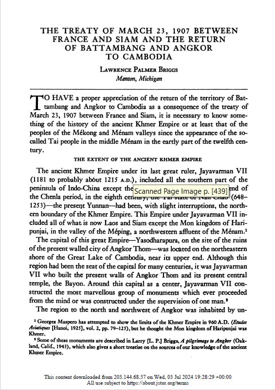 The Treaty of March 23, 1907 Between France and Siam and the Return of Battambang and Angkor to Cambodia (១៩៤៦) (នេះគឺជាអត្ថបទសិក្សាស្រាវជ្រាវរបស់លោក Lawrence Palmer Briggs ដែលបានបោះពុម្ពផ្សាយក្នុងឆ្នាំ១៩៤៦ ផ្អែកលើព្រឹត្តិការណ៍សន្ធិសញ្ញាឆ្នាំ១៩០៧)។